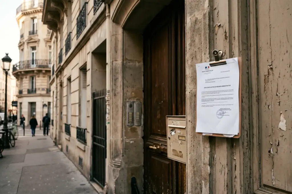 European apartment building with enforcement notice representing EU STR platform compliance crackdown 2026