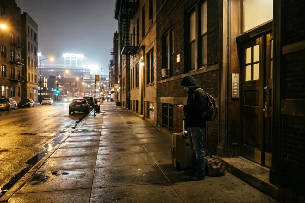 Traveler stranded outside a locked apartment building after booking a fake vacation rental during the World Cup 2026