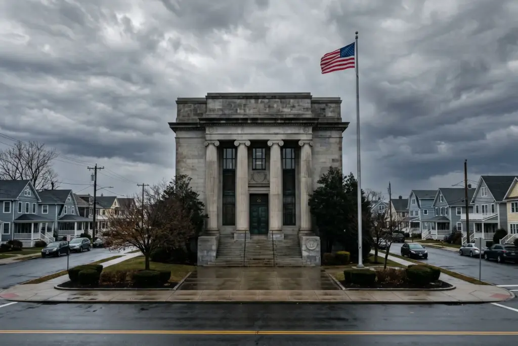 Federal courthouse exterior with residential neighborhood, representing federal court challenges to short-term rental ordinances in 2026