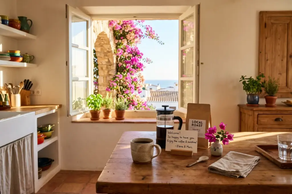 Sunlit vacation rental interior with welcome note and coffee setup, representing the guest-to-host journey in 2026