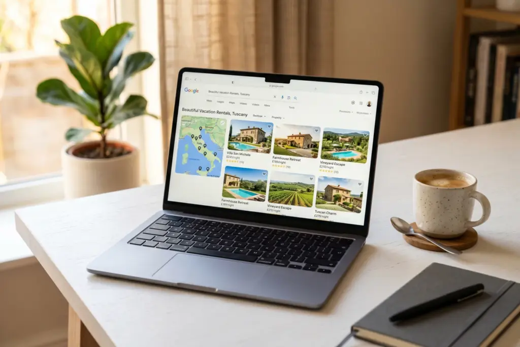 Laptop displaying Google vacation rental search results with STR listings and a map