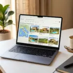 Laptop displaying Google vacation rental search results with STR listings and a map