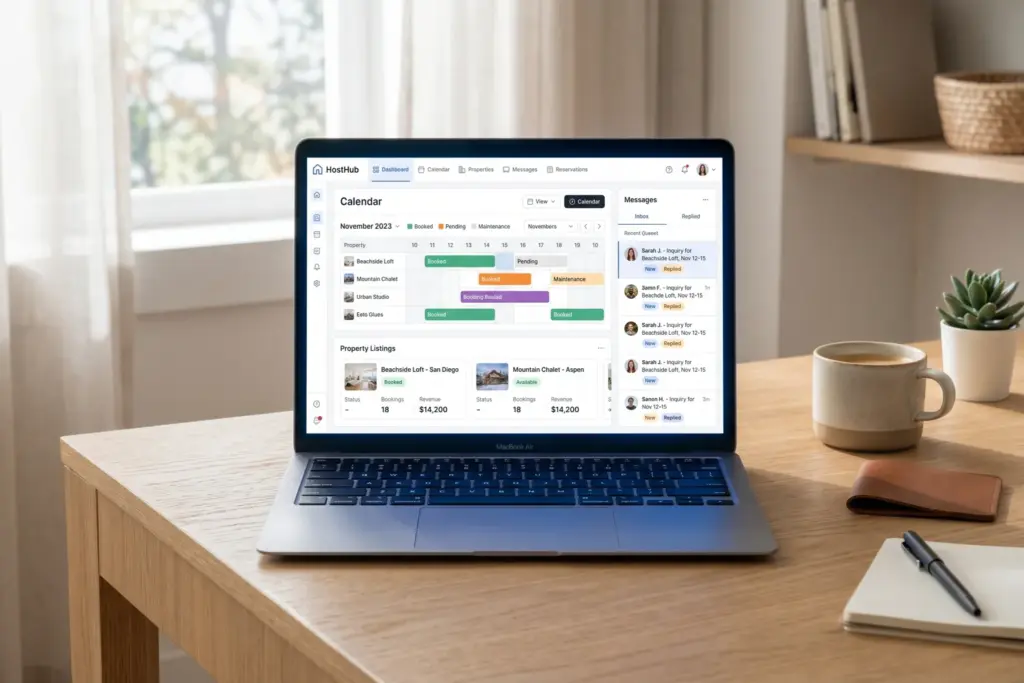 Laptop showing property management software dashboard for STR hosts
