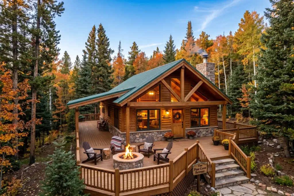Mountain cabin with wrap-around deck representing short-term rental investment property