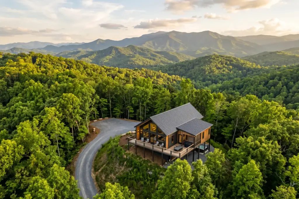 Aerial view of a mountain vacation rental property near Asheville NC representing STR cash flow analysis for investors