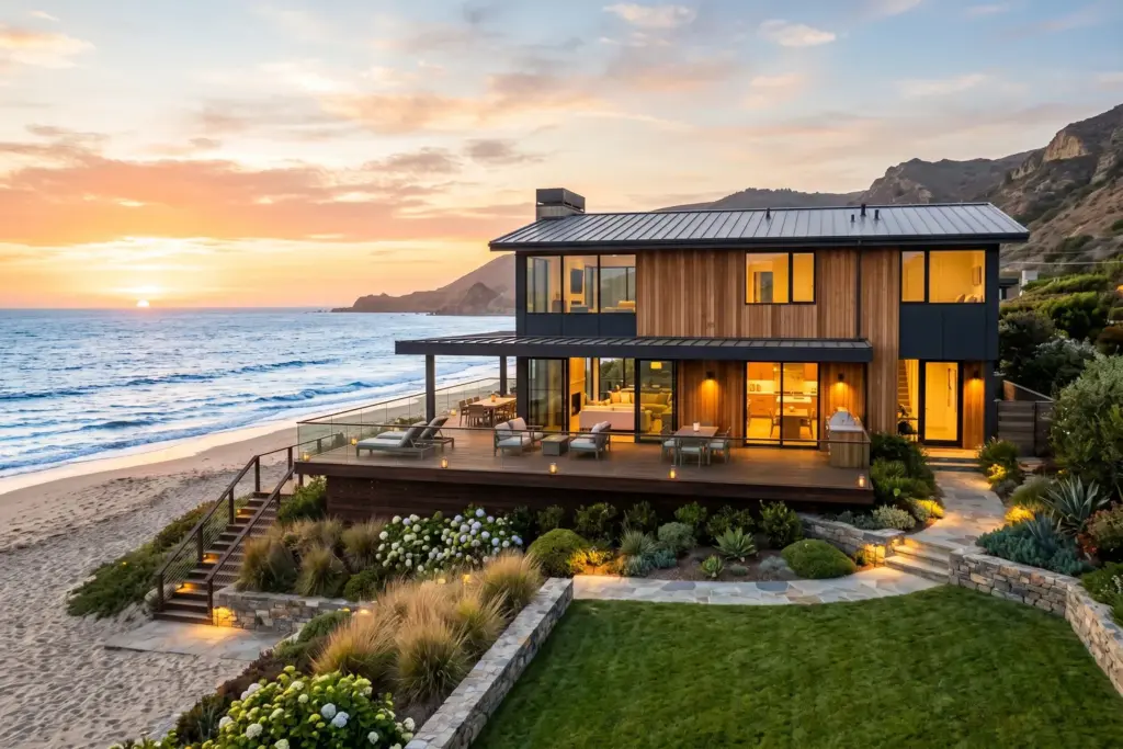 Modern beach house short-term rental investment property with ocean view at golden hour