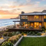 Modern beach house short-term rental investment property with ocean view at golden hour