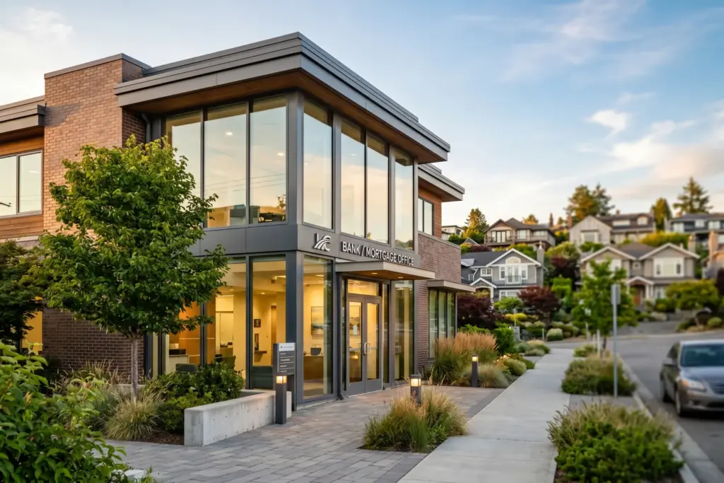 Mortgage office with residential properties in background representing STR financing options 2026