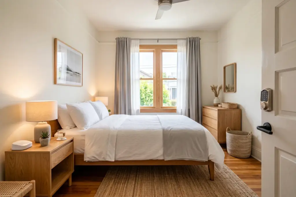Modern vacation rental bedroom furnished on a budget with white linens, minimalist furniture, and smart home devices