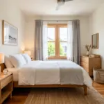 Modern vacation rental bedroom furnished on a budget with white linens, minimalist furniture, and smart home devices