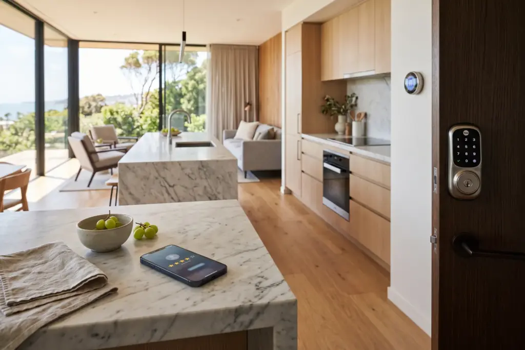 Smart home technology in a modern Airbnb rental showing a tablet with 5-star review interface and smart lock