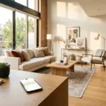 Smart home technology in a short-term rental with smartphone showing star ratings for Airbnb host optimization