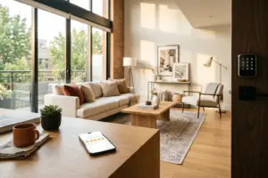 Smart home technology in a short-term rental with smartphone showing star ratings for Airbnb host optimization