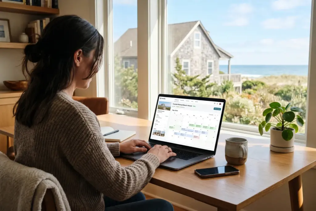STR host setting up a VRBO listing on laptop with vacation rental property visible in background