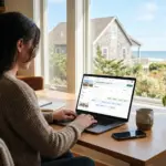 STR host setting up a VRBO listing on laptop with vacation rental property visible in background