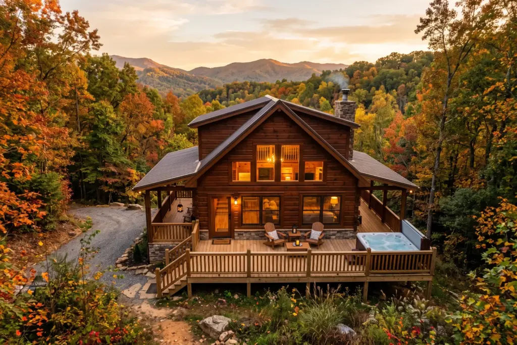 Smoky Mountain cabin at golden hour representing Airbnb pricing strategy in Gatlinburg Tennessee
