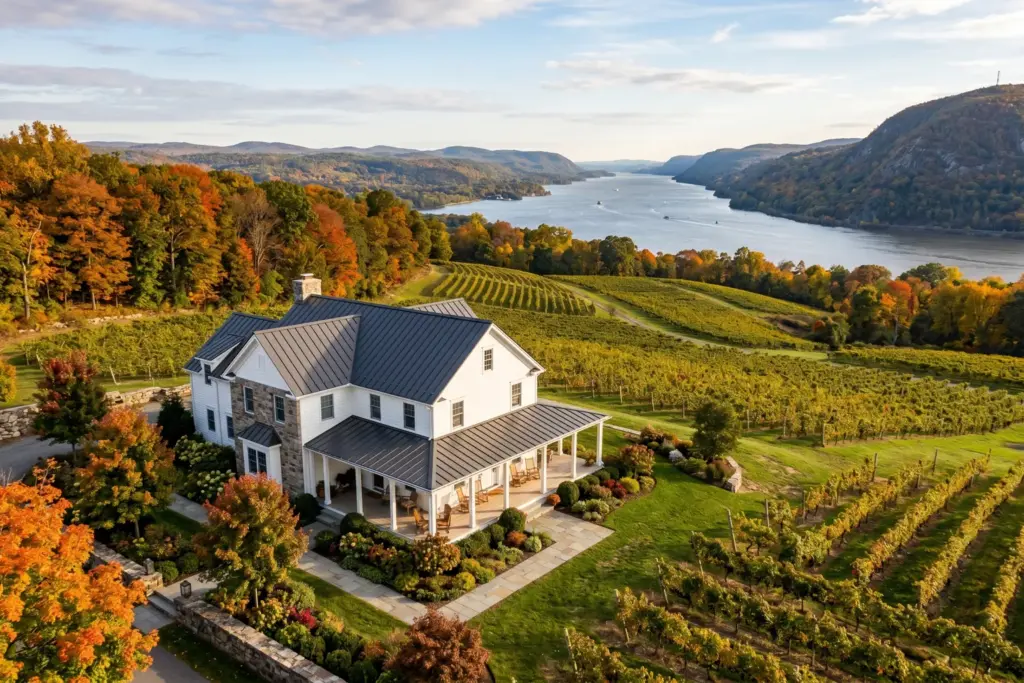 Hudson Valley New York vacation rental property with vineyard hills and Hudson River in background