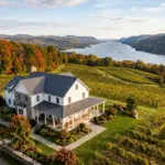 Hudson Valley New York vacation rental property with vineyard hills and Hudson River in background