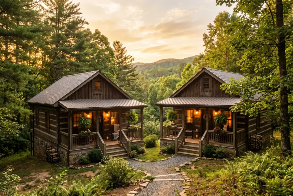 Two charming vacation rental cabins side by side in golden morning light, representing the journey of expanding from one Airbnb property to two