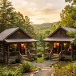 Two charming vacation rental cabins side by side in golden morning light, representing the journey of expanding from one Airbnb property to two