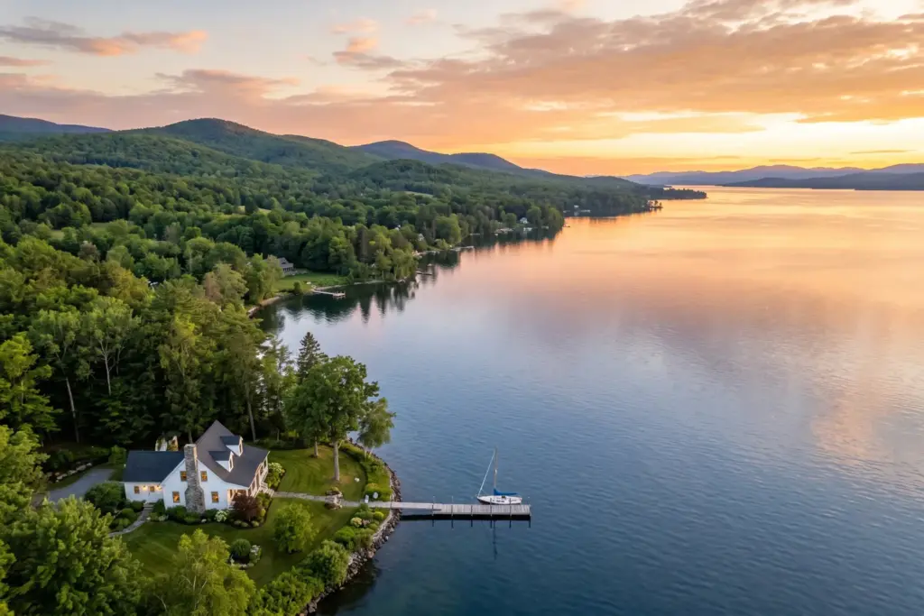 Lake Champlain waterfront vacation rental property at sunset Vermont shoreline