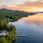 Lake Champlain waterfront vacation rental property at sunset Vermont shoreline
