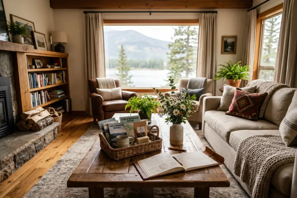 Veteran STR host home interior showing years of thoughtful hosting experience with warm morning light and welcome basket