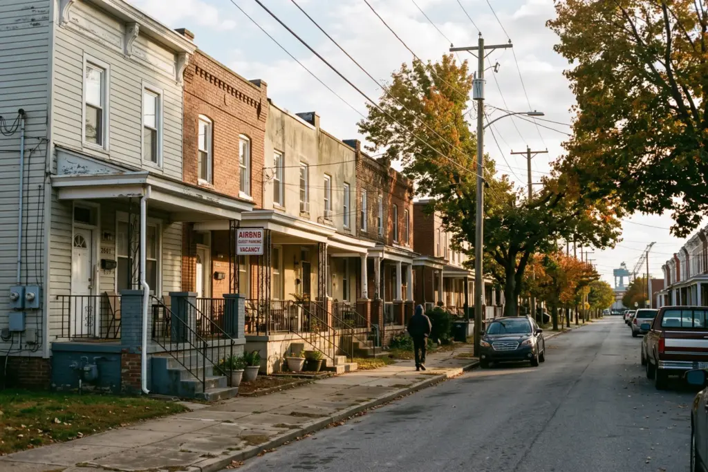 Residential street in Newport News Virginia showing homes listed as short-term rentals under city STR enforcement