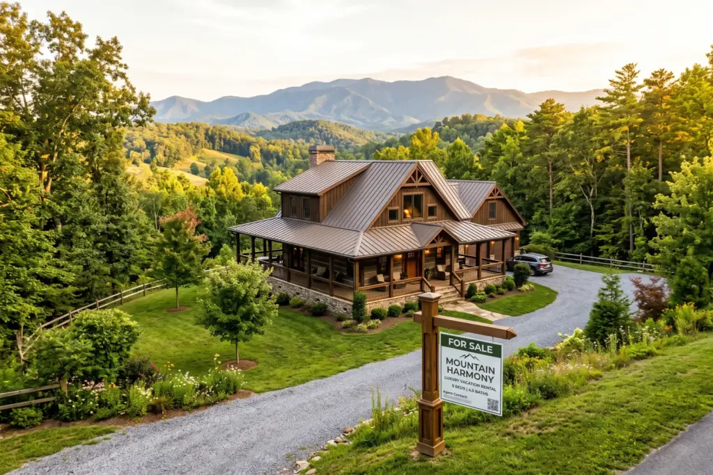 Mountain vacation rental cabin with for sale sign representing the decision to sell an Airbnb investment property