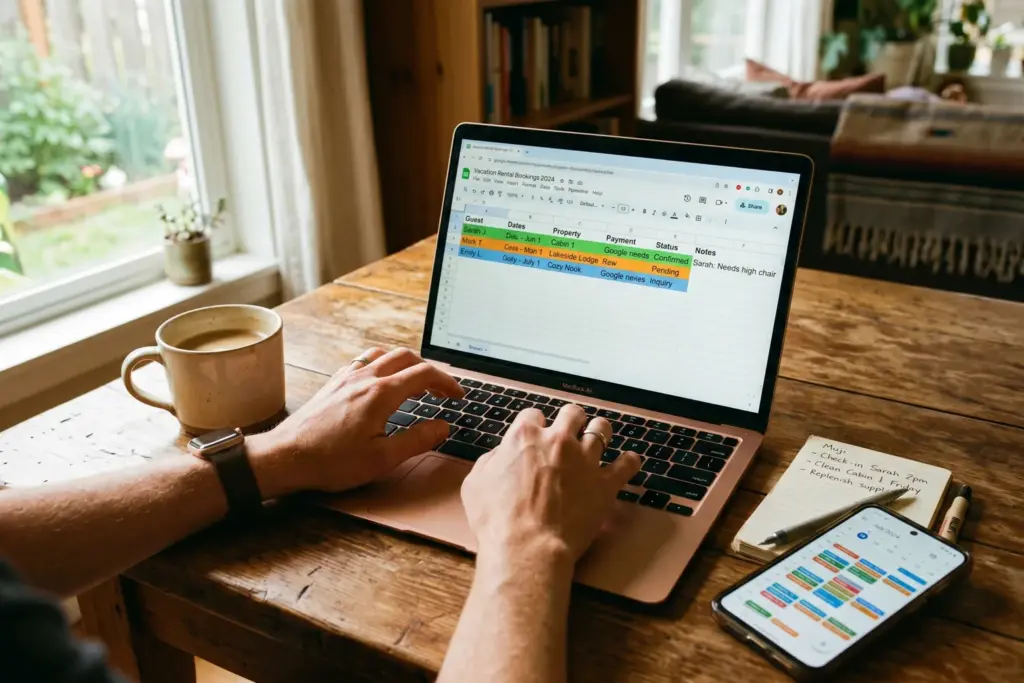 STR host managing Airbnb bookings with a simple spreadsheet and native tools instead of property management software