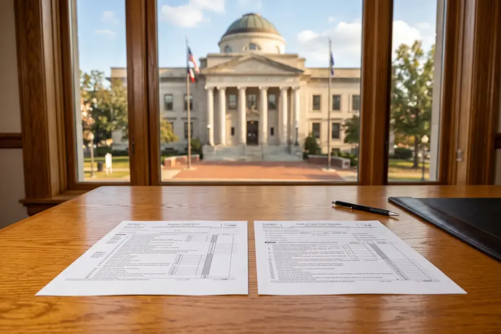 IRS tax schedule forms on desk with courthouse in background, representing Schedule E vs Schedule C decision for STR investors