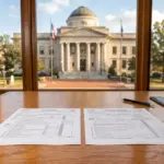 IRS tax schedule forms on desk with courthouse in background, representing Schedule E vs Schedule C decision for STR investors