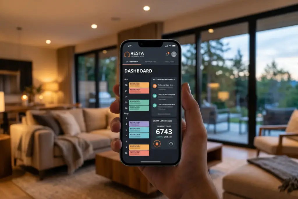 Smartphone showing STR property management dashboard with smart lock and booking automation tools