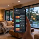 Smartphone showing STR property management dashboard with smart lock and booking automation tools