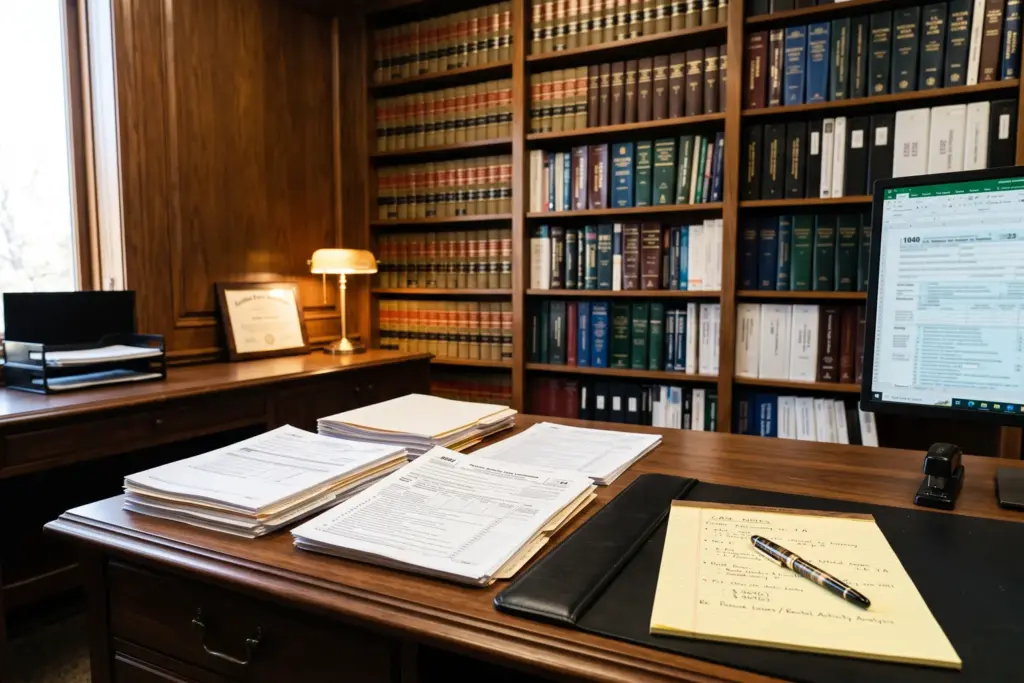 Tax documents and IRS forms on a professional desk illustrating STR passive activity loss rules