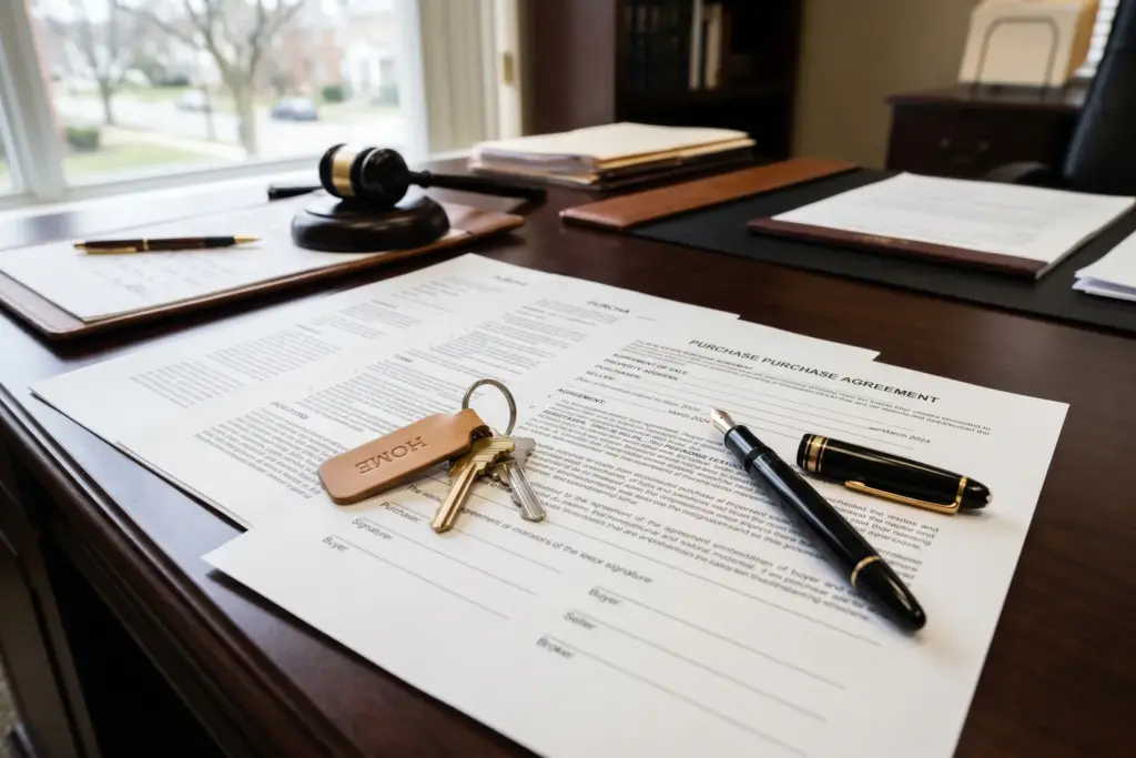 Real estate purchase contract documents with house keys representing STR buyer legal due diligence