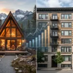 STR vs LTR income comparison chart showing 8 U.S. markets with mountain cabin and urban apartment property types