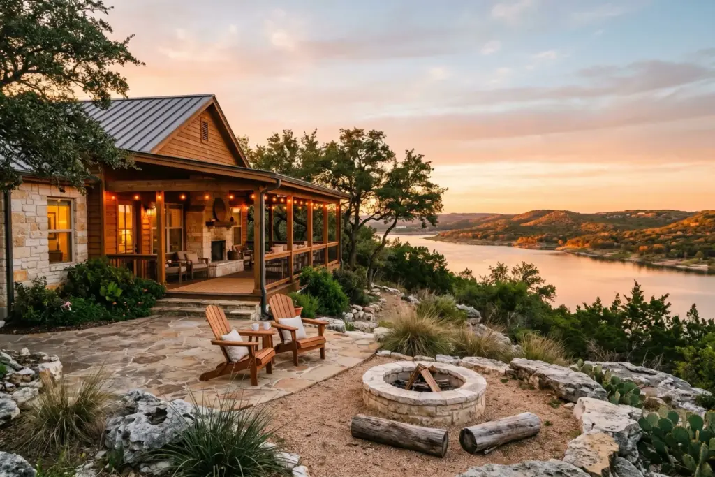 Stone and cedar Texas Hill Country short-term rental home on a limestone bluff overlooking Lake Travis at golden hour