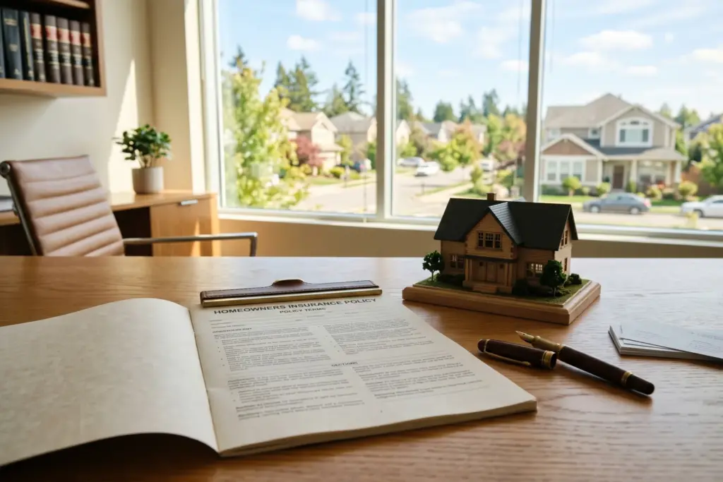 Insurance policy document and model house on desk representing STR host liability coverage requirements in 2026