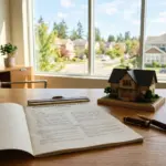 Insurance policy document and model house on desk representing STR host liability coverage requirements in 2026