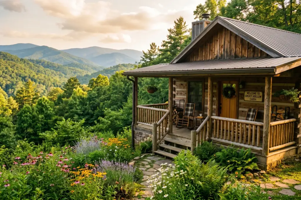 Smoky Mountain vacation rental cabin porch with mountain views summer 2026