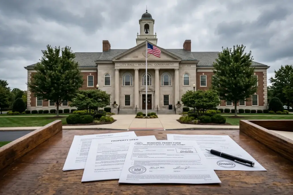 City hall building with STR permit documents representing regulatory risk for short-term rental investors in 2026