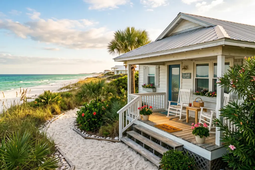 A welcoming beach vacation rental cottage on the Gulf Coast near Pensacola Florida with white sand and emerald water