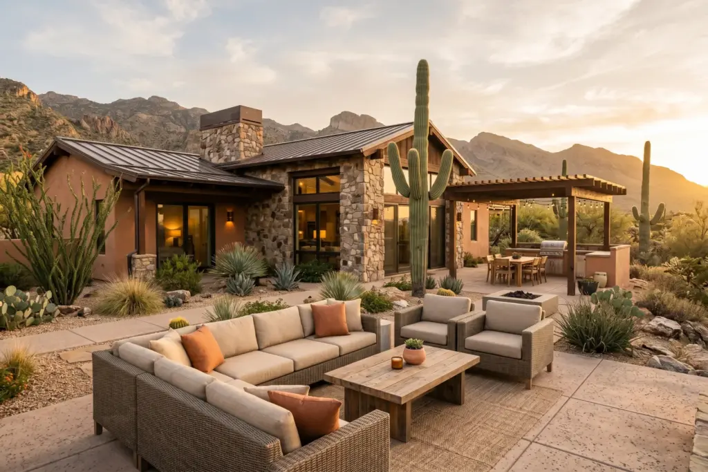 Warm vacation rental home exterior in the American Southwest with golden hour lighting
