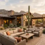 Warm vacation rental home exterior in the American Southwest with golden hour lighting
