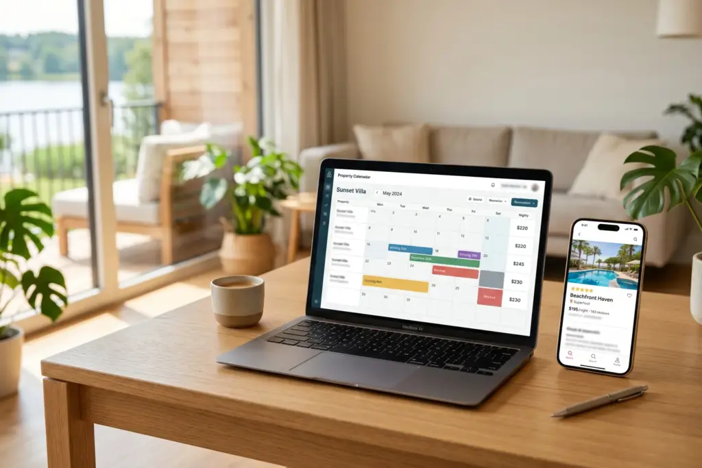 Laptop showing STR property management booking calendar with minimum stay revenue data