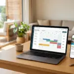 Laptop showing STR property management booking calendar with minimum stay revenue data