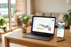 Laptop showing STR property management booking calendar with minimum stay revenue data