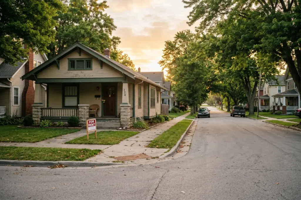 A quiet residential street with a rental sign and padlock, symbolizing an STR permit freeze in a Michigan neighborhood