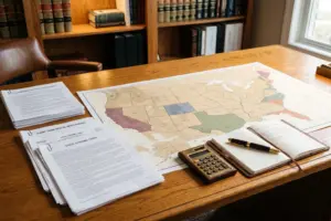 US map with tax documents representing multi-state STR tax obligations for investors in 2026